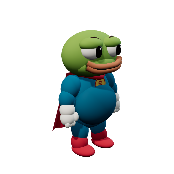 Round green superhero with a blue suit, red cape and white gloves
